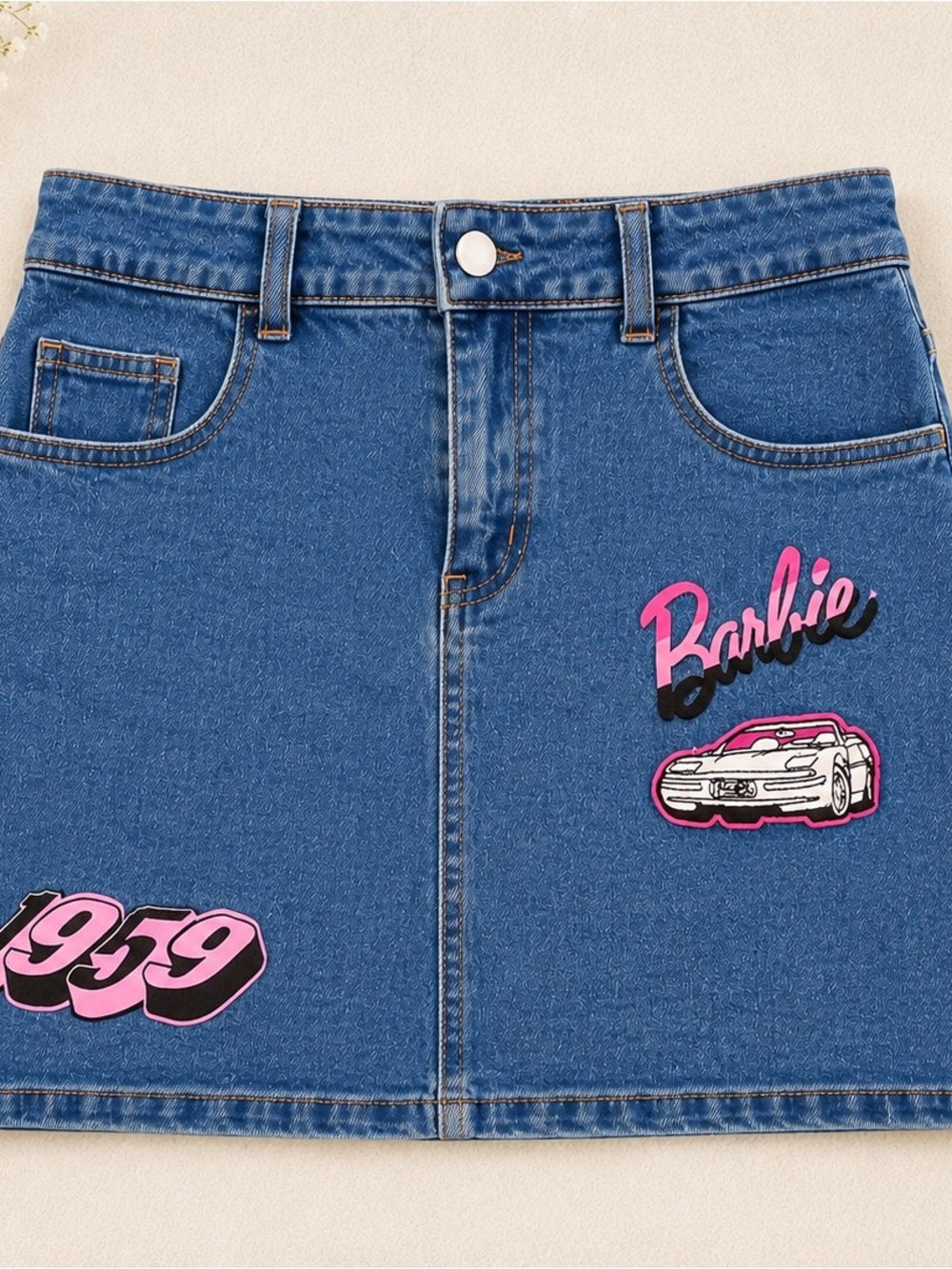 Denim Barbie Patch A-line Mini Skirt - Blue with Pink Accents